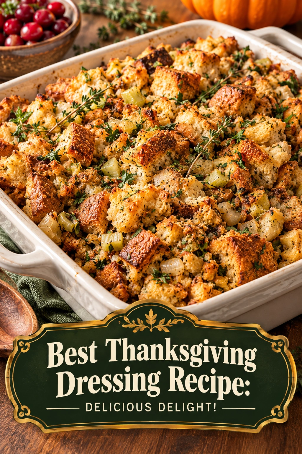 A ceramic baking dish filled with golden-brown Thanksgiving dressing topped with fresh parsley and toasted bread cubes.