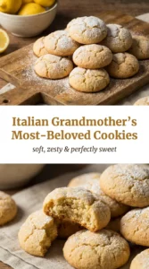 A pile of golden-brown Italian cookies dusted with powdered sugar, arranged on a rustic wooden platter with a linen napkin.