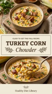 A bowl of creamy turkey corn chowder topped with chopped green onions and cracked black pepper.