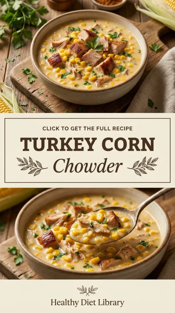 A bowl of creamy turkey corn chowder topped with chopped green onions and cracked black pepper.