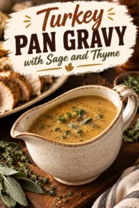 A white ceramic boat filled with smooth, brown turkey gravy garnished with fresh sage and thyme leaves.