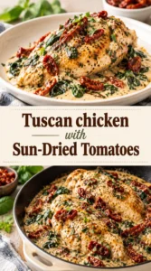 Pan-seared chicken breasts in a creamy garlic sauce with sun-dried tomatoes and spinach, served in a cast iron skillet.