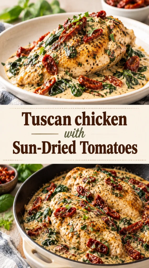 Pan-seared chicken breasts in a creamy garlic sauce with sun-dried tomatoes and spinach, served in a cast iron skillet.