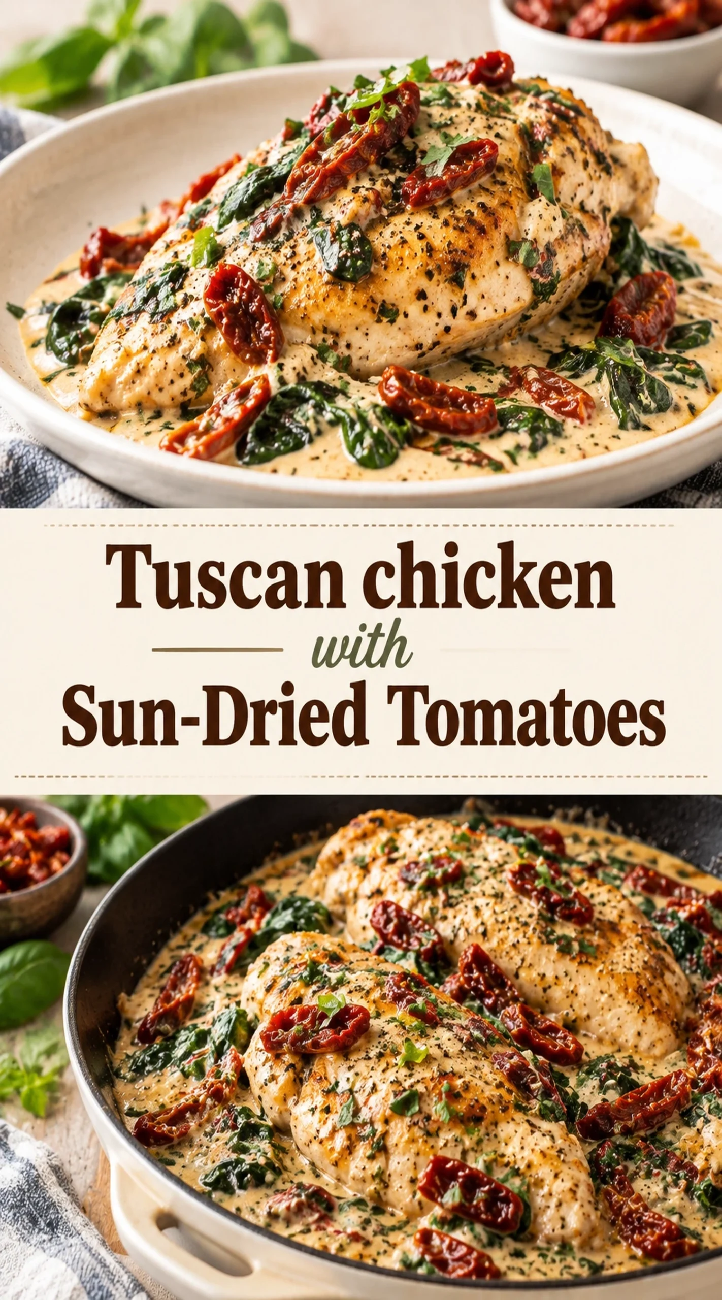 Pan-seared chicken breasts in a creamy garlic sauce with sun-dried tomatoes and spinach, served in a cast iron skillet.