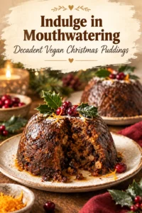 Three small vegan Christmas puddings topped with a dollop of cream and a sprig of mint on white plates.