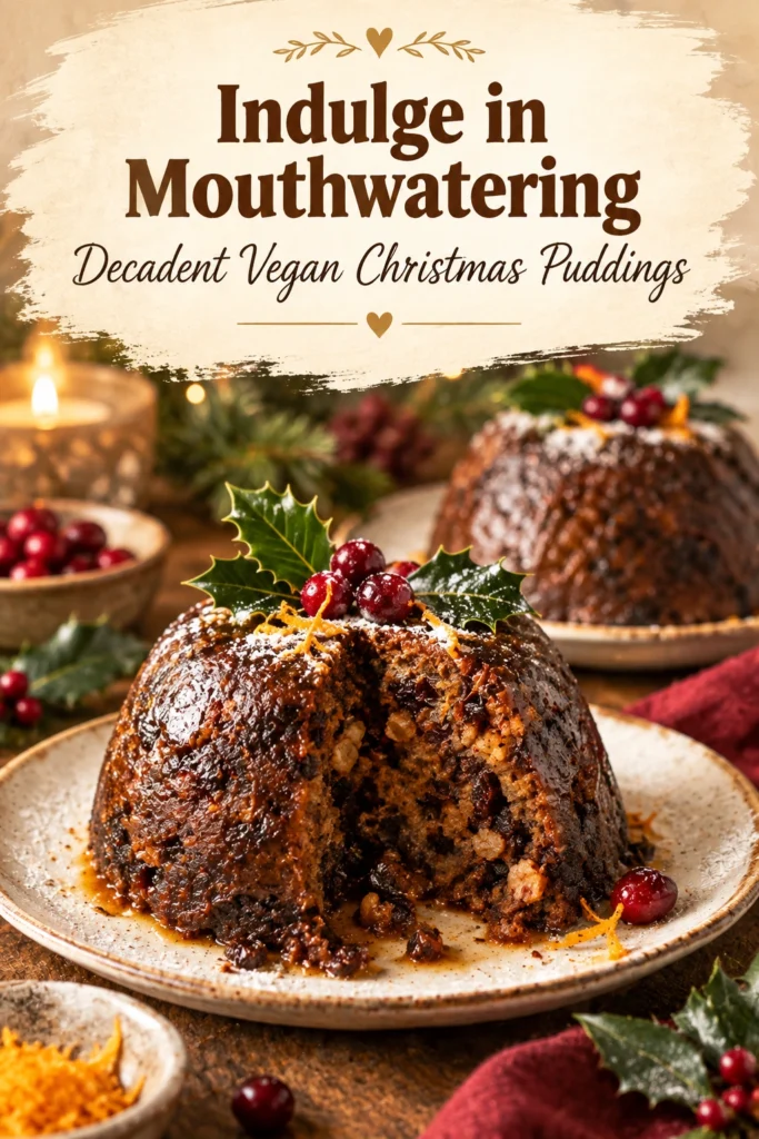 Three small vegan Christmas puddings topped with a dollop of cream and a sprig of mint on white plates.