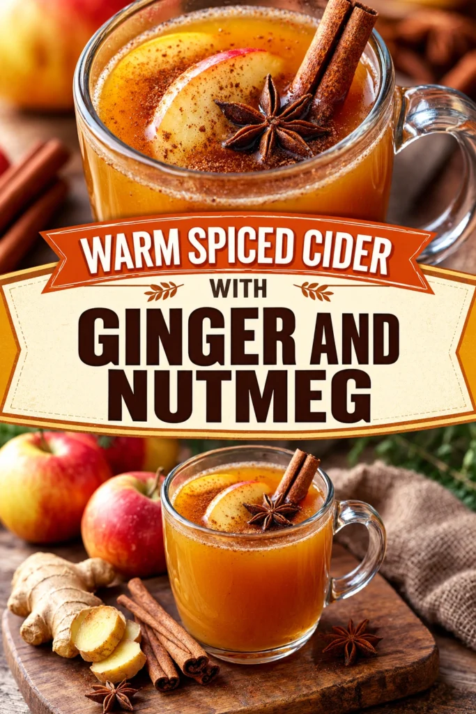 A glass mug of warm spiced cider garnished with a cinnamon stick and star anise on a wooden table.