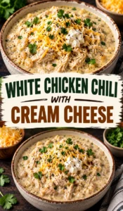 Creamy white chicken chili in a bowl topped with shredded cheese, sliced jalapeños, fresh cilantro, and a lime wedge.