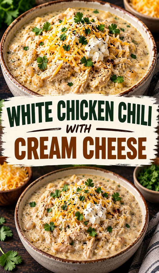 Creamy white chicken chili in a bowl topped with shredded cheese, sliced jalapeños, fresh cilantro, and a lime wedge.
