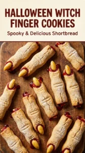 Long almond cookies shaped like fingers with sliced almond nails and red jam accents to look like witches fingers.