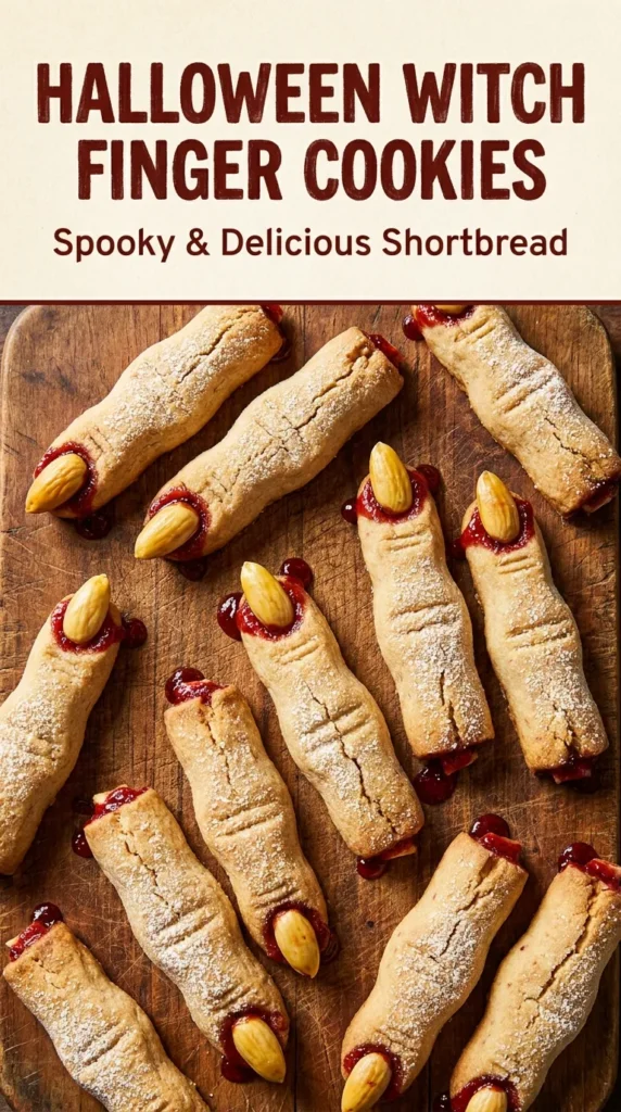 Long almond cookies shaped like fingers with sliced almond nails and red jam accents to look like witches fingers.