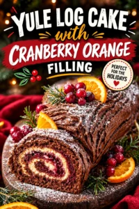 Chocolate Yule log cake with chocolate frosting, textured like tree bark, filled with orange cream and tart red cranberries.