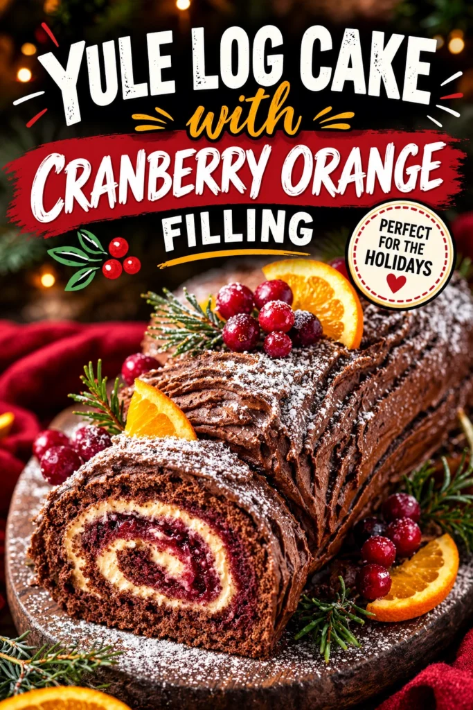 Chocolate Yule log cake with chocolate frosting, textured like tree bark, filled with orange cream and tart red cranberries.
