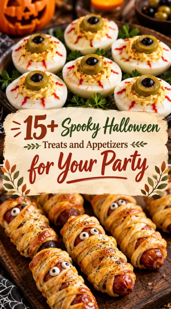A collage of spooky Halloween treats and appetizers arranged in a vertical listicle layout