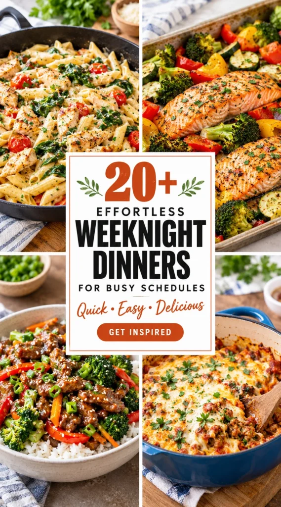Collage of various effortless weeknight dinner meals with a central text overlay