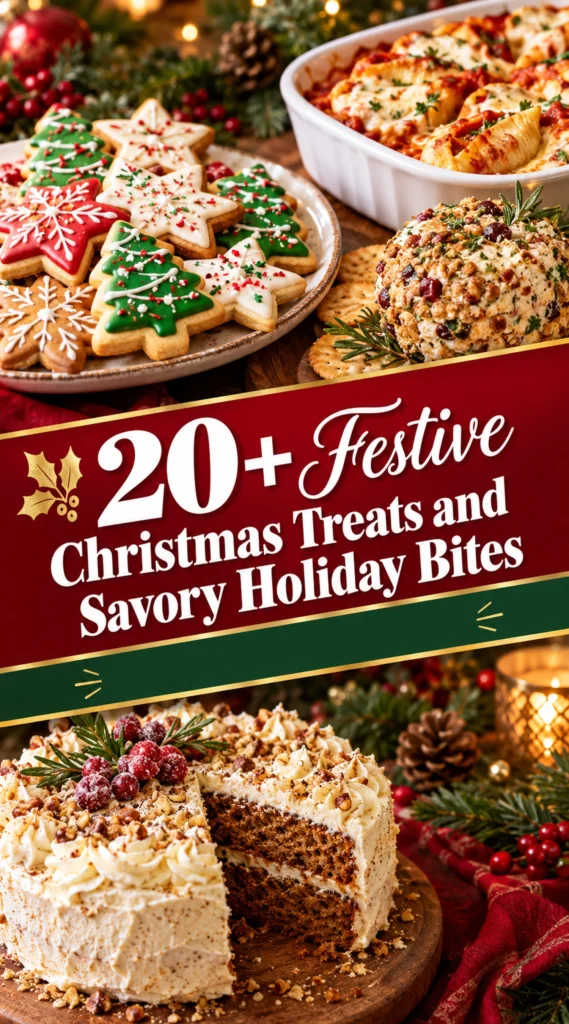 A collage of festive Christmas treats and savory holiday bites in a grid layout