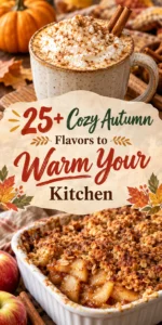 Collage of pumpkin spice latte, cinnamon rolls, and autumn spices for cozy flavors