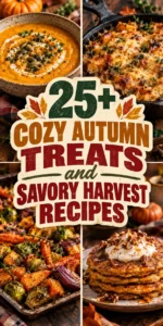 Collage of cozy autumn treats and savory harvest recipes in a vertical layout
