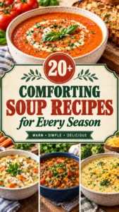 Collage of various cozy soups and stews in bowls with a title overlay