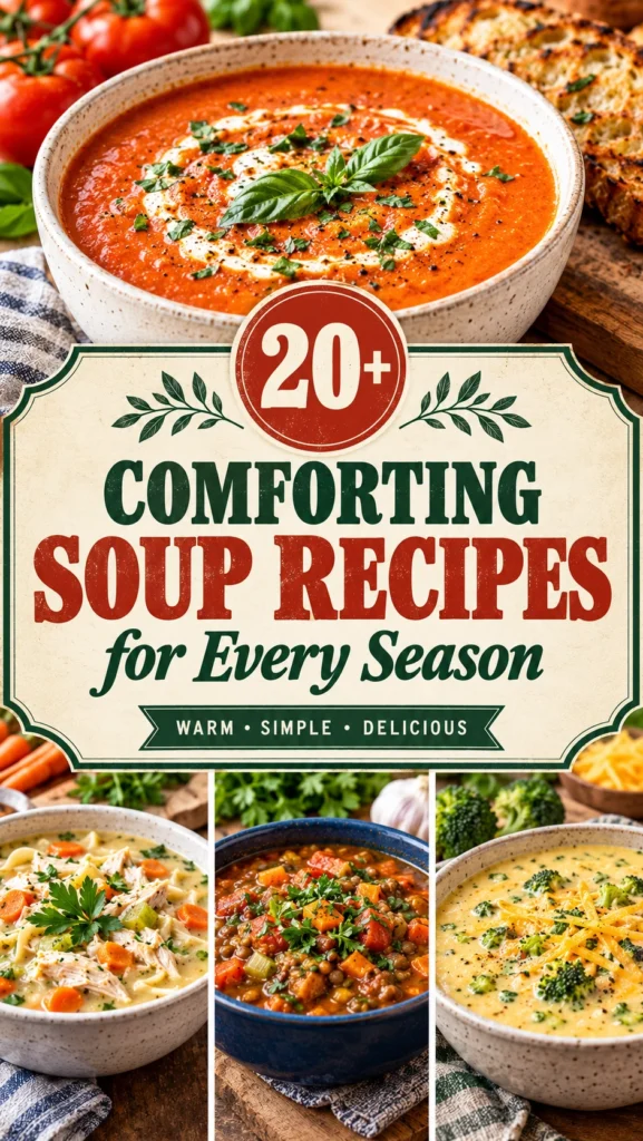 Collage of various cozy soups and stews in bowls with a title overlay
