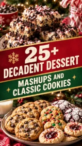 Collage of decadent dessert mashups and classic cookies in a vertical listicle layout