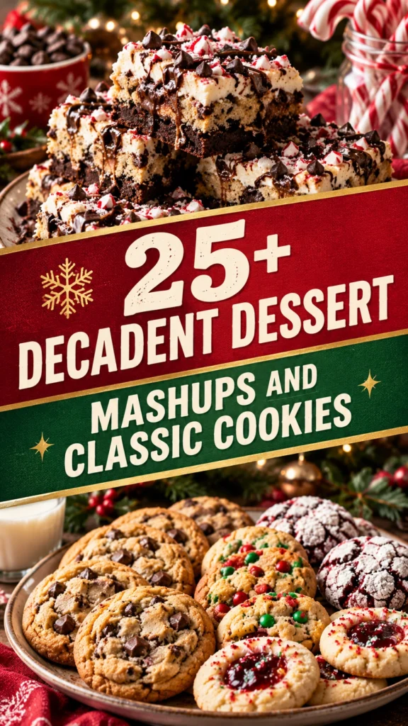 Collage of decadent dessert mashups and classic cookies in a vertical listicle layout
