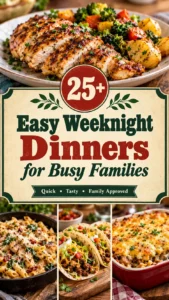 Collage of various easy weeknight dinners for families in a vertical listicle layout