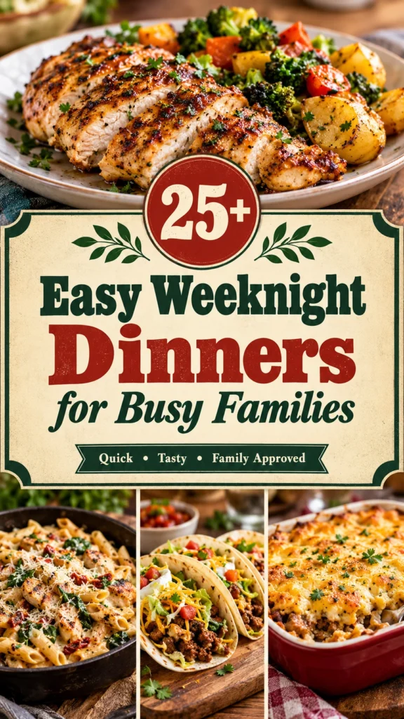 Collage of various easy weeknight dinners for families in a vertical listicle layout