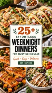 Collage of diverse weeknight dinner recipes arranged in a vertical listicle layout