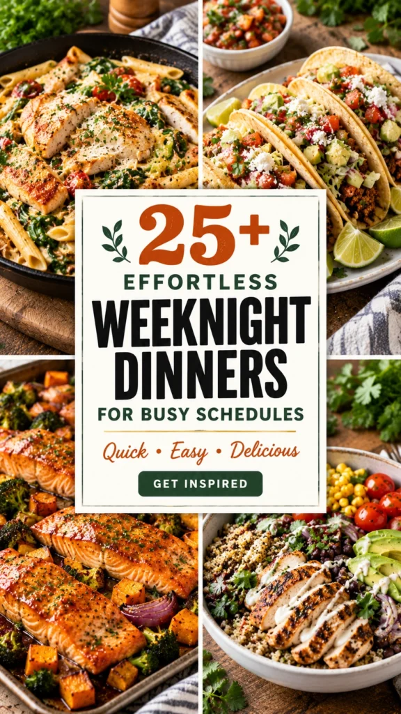 Collage of diverse weeknight dinner recipes arranged in a vertical listicle layout