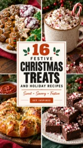 Collage of festive Christmas treats and holiday recipes arranged in a vertical layout