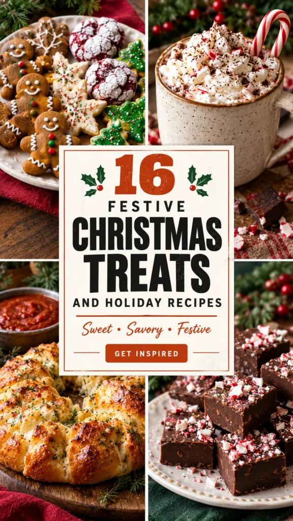 Collage of festive Christmas treats and holiday recipes arranged in a vertical layout