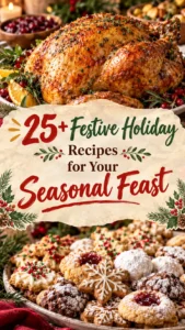 Collage of festive holiday recipes featuring a roasted turkey and seasonal side dishes