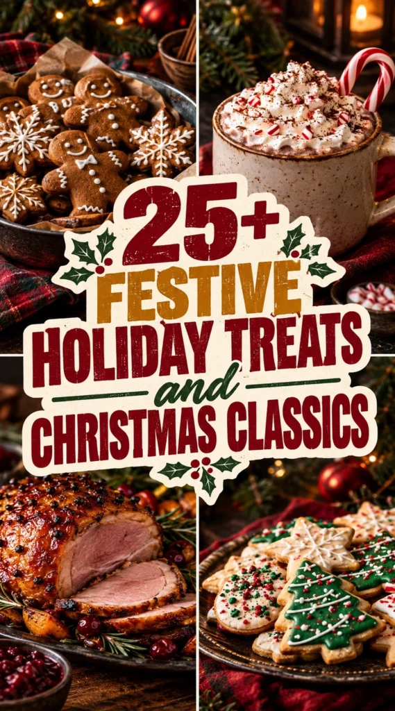 A collage of festive holiday treats and Christmas classics in a vertical layout