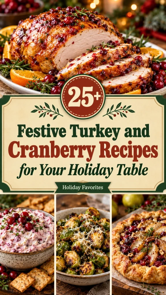 A collage of festive turkey and cranberry recipes arranged in a professional layout