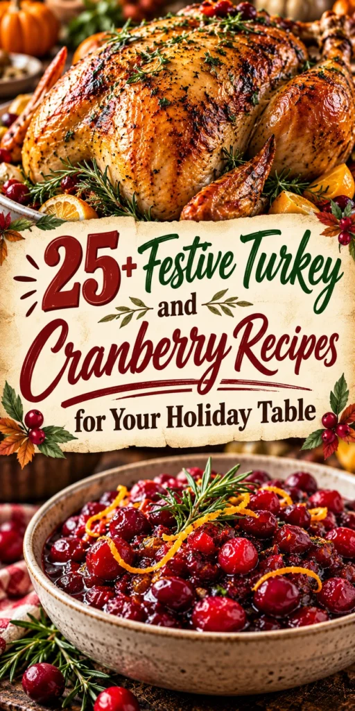 Collage of festive turkey and cranberry recipes arranged in a professional food layout