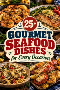 Collage of gourmet seafood dishes featuring lobster, scallops, and oysters in panels
