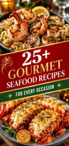 A collage of gourmet seafood dishes featuring lobster, scallops, and salmon fillets