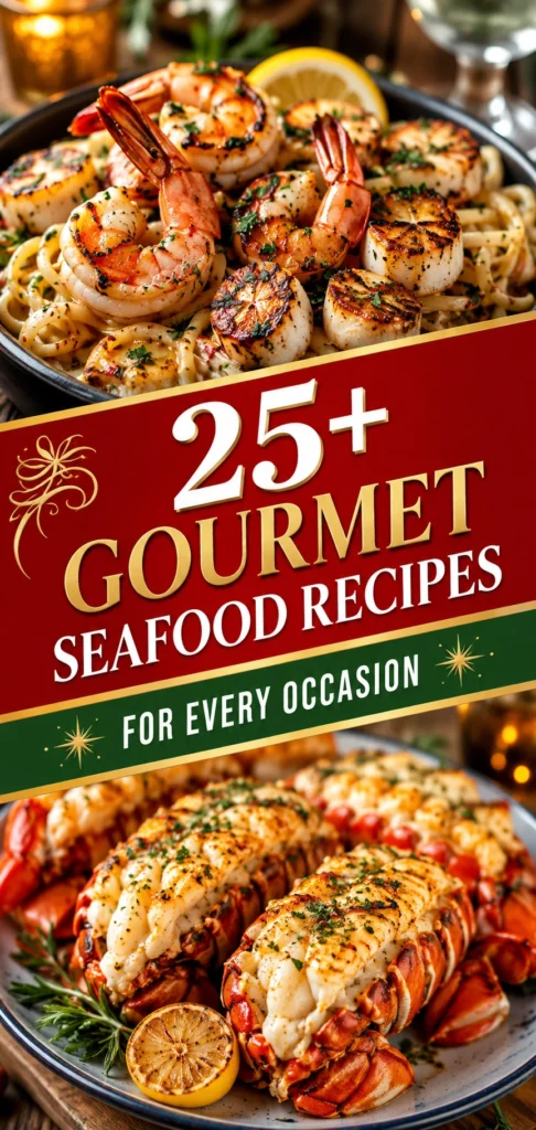 A collage of gourmet seafood dishes featuring lobster, scallops, and salmon fillets
