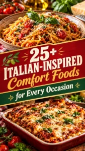 Collage of various Italian-inspired comfort foods with a centered title overlay