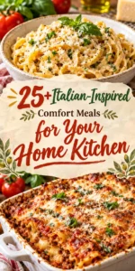 Collage of various Italian comfort meals with text overlay on a vertical layout