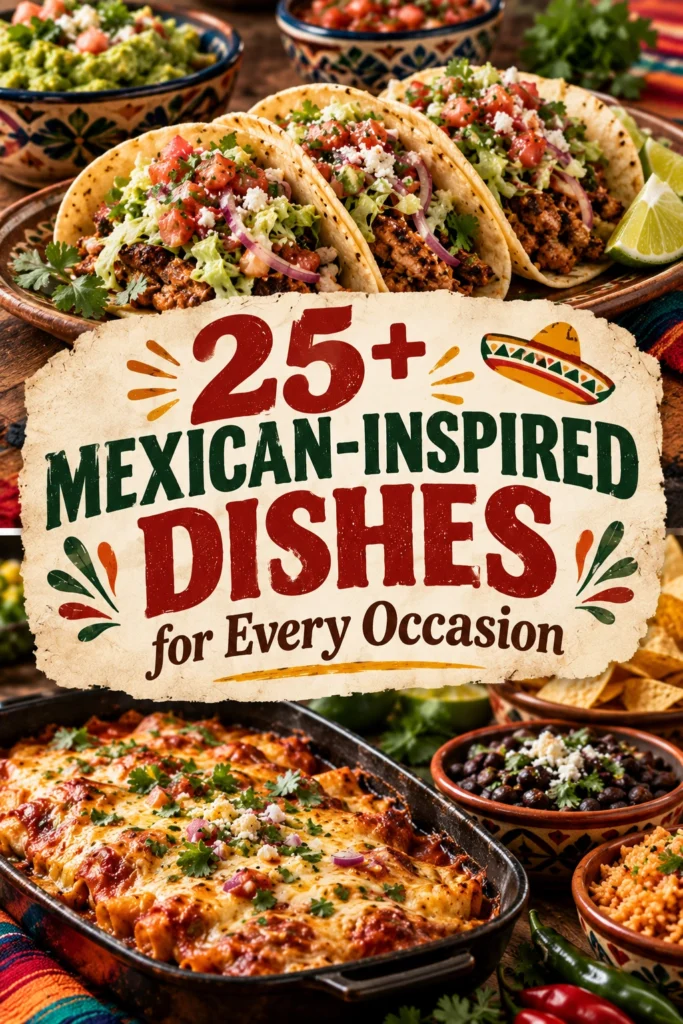 Collage of various Mexican-inspired dishes featuring tacos, enchiladas, and fresh salsas