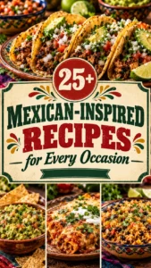Collage of various Mexican-inspired recipes including tacos and bowls in a grid layout