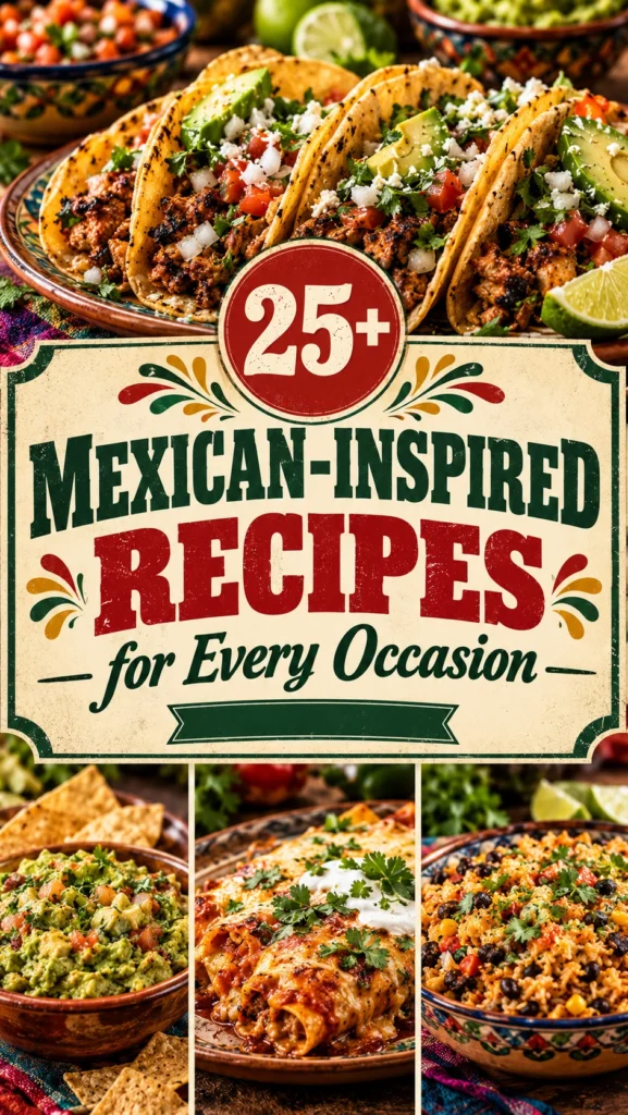 Collage of various Mexican-inspired recipes including tacos and bowls in a grid layout