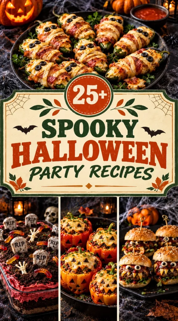 A collage of spooky Halloween recipes featuring themed appetizers and desserts in a listicle layout