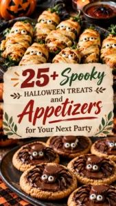A collage of spooky Halloween treats and appetizers arranged in a vertical layout