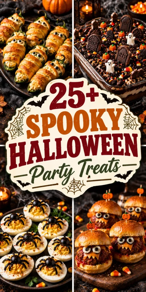 A collage of spooky Halloween treats and party appetizers in a vertical layout
