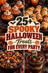 A collage of spooky Halloween treats and desserts arranged in a vertical listicle layout