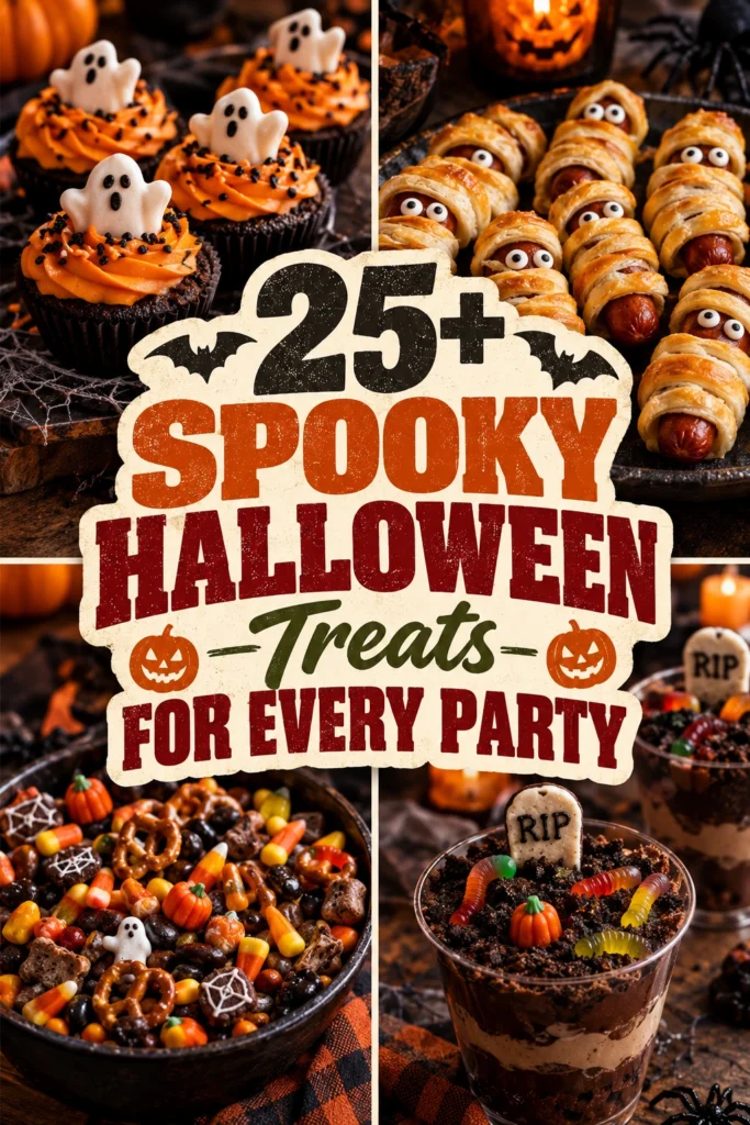 A collage of spooky Halloween treats and desserts arranged in a vertical listicle layout