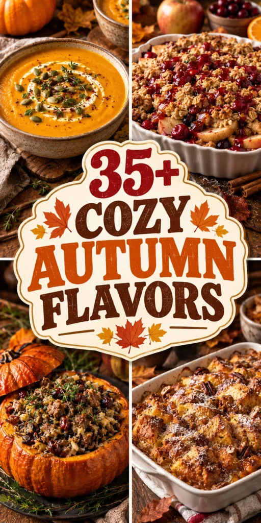 A collage of cozy autumn flavors featuring pumpkin soup, spiced cider, and desserts